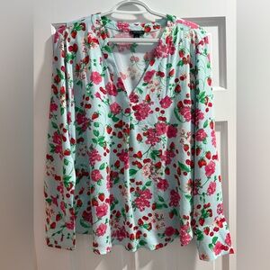 Ann Taylor Mixed Media Pleat Front Top, Floral/Strawberries/Cherries, Sz M